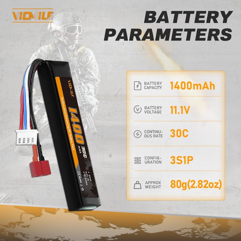 VICMILE 3S Airsoft Battery 30C 11.1V 1400mAh Dean-Style T Plug with 11.1V USB Charger Fit for Most Airsoft Model Guns Gel Water Bead Blaster - Image 2